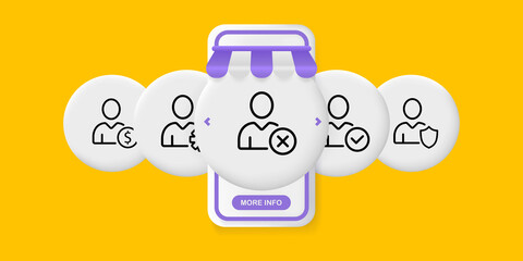Poster - Infographic set icon. Man with coin, gear, cross, tick and shield. Check mark. Business concept. UI phone app screens with people. Vector line icon for Business and Advertising