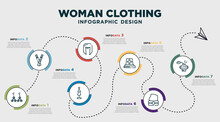 Infographic Template Design With Woman Clothing Icons. Timeline Concept With 7 Options Or Steps. Included Dangling Earrings, Eyes Makeup Pencils, Hair Wig With Side, Couture Mannequin, Sewing