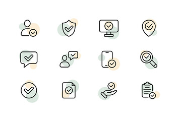 Poster - Check mark set icon. Ticks with man, shield, monitor, printer, feedback, phone, magnifier, clipboard, hand, file, etc. Success concept. Vector line icon for Business and Advertising