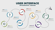 Infographic Template Design With User Interface Icons. Timeline Concept With 7 Options Or Steps. Included Turn Left Only, 3d Up Arrow, Scribble Broken Line, Spinning Arrows, Up Arrow With Scribble,