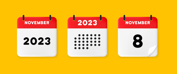 Wall Mural - Calendar set icon. Calendar on a yellow background with eight november, 2022, 8 number text. Reminder. Date menegement concept. Vector line icon for Business and Advertising