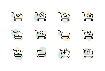 Poster - Order set icon. Shopping cart with tick, coin, star, percent, plus, heart, load, shield. Money, buy, purchase, goods. Vector line icon for Business and Advertising