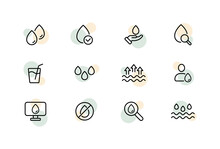 Water Set Icon. Drop In Hand, Drop With A Tick, Drink, Evaporation, Moisture, Hydration. Save Water Concept. Vector Line Icon For Business And Advertising