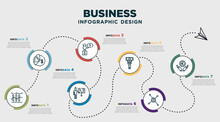 Infographic Template Design With Business Icons. Timeline Concept With 7 Options Or Steps. Included Marketing Chart, Portion Pie Chart, , Person Explaining Strategy On A Board With A Sketch, Man
