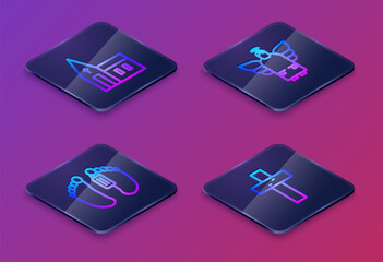 Sticker - Set Isometric line Church building, Dead body, Christmas angel and Christian cross. Blue square button. Vector