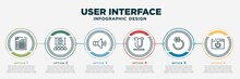 Infographic Template Design With User Interface Icons. User Interface Concept With 6 Options Or Steps. Included Document With Tables, Hall, Amplified Speaker, Underline, Rotate Left, On Off Power