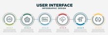 Infographic Template Design With User Interface Icons. User Interface Concept With 6 Options Or Steps. Included Round Right Arrow, Video Play, Gap, Cloud Upload, Loop Arrow, 3 Pvc. Can Be Used Web,