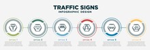 Infographic Template Design With Traffic Signs Icons. Traffic Signs Concept With 6 Options Or Steps. Included Y Intersection, Wrong Way, Zebra Crossing, U Turn, Skateboard, Slope. Can Be Used Web,