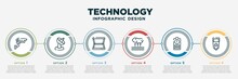 Infographic Template Design With Technology Icons. Technology Concept With 6 Options Or Steps. Included Surveillance Camera, Satellite Station, Scanner With Cover, Evaporation, Battery Two Bars,