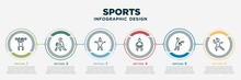 Infographic Template Design With Sports Icons. Sports Concept With 6 Options Or Steps. Included Powerlifting, Ice Hockey, Excercise, Sumo, Boxing, Kung Fu. Can Be Used Web, Info Graph, Flow Chart.