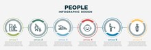 Infographic Template Design With People Icons. People Concept With 6 Options Or Steps. Included Waves Danger, Woman Carrying, Person Practicing A Strengthen Posture, Crying Baby, Flag Semaphore