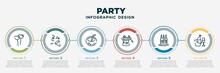 Infographic Template Design With Party Icons. Party Concept With 6 Options Or Steps. Included Two Heart Shaped Balloons, Sprinkle Stars, Bowl With Straw, Magician Case, Cake Three Candles, Chapaigne