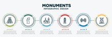 Infographic Template Design With Monuments Icons. Monuments Concept With 6 Options Or Steps. Included Maya Pyramid, Easter Island, Russia, Philippines, Vincent Thomas Bridge, Kinderdijk Windmills.