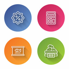 Sticker - Set line Discount percent tag, Calculator, Canned fish and Wooden box for fruits. Color circle button. Vector