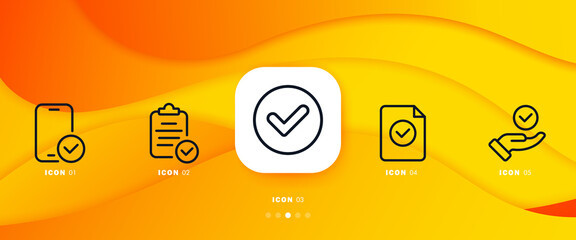 Poster - Check mark set icon. Smartphone, clipboard, file, hand with checkmark. Tick concept. UI phone app screens with people. Vector line icon for Business and Advertising