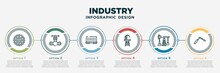 Infographic Template Design With Industry Icons. Industry Concept With 6 Options Or Steps. Included Mechanism, Oil Valve, Train Cargo, Water Tank, Oil Pumps, Welding. Can Be Used Web, Info Graph,
