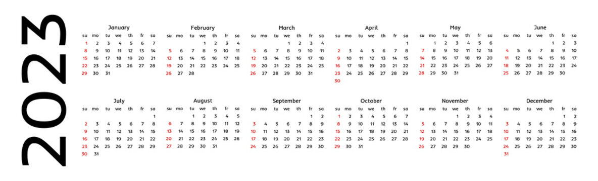 Calendar for 2023 isolated on a white background
