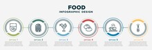 Infographic Template Design With Food Icons. Food Concept With 6 Options Or Steps. Included Scotch, Burguer, Alcoholic, Mantou, Hot Coffee Cup With Hearts, Opening A Champagne Bottle. Can Be Used