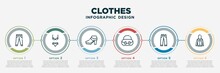 Infographic Template Design With Clothes Icons. Clothes Concept With 6 Options Or Steps. Included Jean, Lingerine, Ankle Boots, Hobo Bag, Jeans, Hooded Jacket. Can Be Used Web, Info Graph, Flow