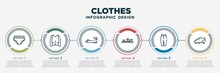 Infographic Template Design With Clothes Icons. Clothes Concept With 6 Options Or Steps. Included Underpants, Cotton Cardigan, Flat Shoes, Gladiator Sandal, Pegged Pants, Soccer Shoe. Can Be Used