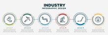 Infographic Template Design With Industry Icons. Industry Concept With 6 Options Or Steps. Included Sun With Plug, Pick Tool, Pipes Tubes Angle, Oil Pumpjack Extraction, Brush Fresh Painting,