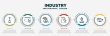 Infographic Template Design With Industry Icons. Industry Concept With 6 Options Or Steps. Included Scoop, Braille, Auction, Rocks, Great Buddha, Car Repair. Can Be Used Web, Info Graph, Flow Chart.