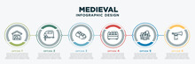 Infographic Template Design With Medieval Icons. Medieval Concept With 6 Options Or Steps. Included Wholesale, Jigsaw, Bun, Display Case, Haunted House, Announce. Can Be Used Web, Info Graph, Flow