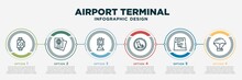 Infographic Template Design With Airport Terminal Icons. Airport Terminal Concept With 6 Options Or Steps. Included Modern Wirstwatch, Two Passports, Clock At Twelve O'clock, Sitting Dog, Duty Free