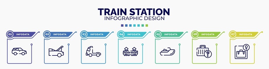 Poster - infographic for train station concept. vector infographic template with icons and 7 option or steps. included electric car side view, hood open, pickup truck side view, tram side view, sea scooter,