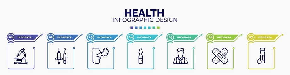 Poster - infographic for health concept. vector infographic template with icons and 7 option or steps. included lab microscope, dentist tools, bad breath, ampoul, executive man, null, test tube and drop