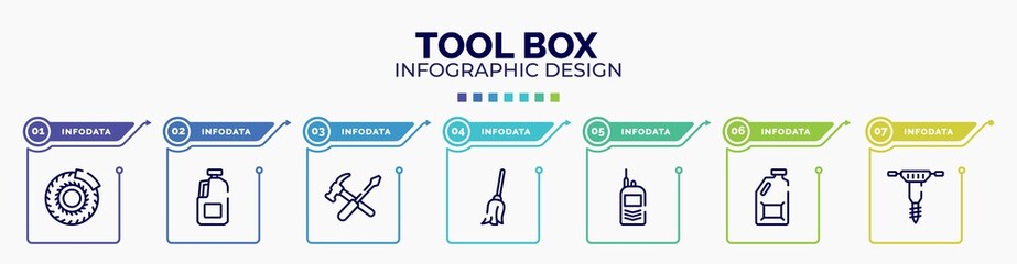 Poster - infographic for tool box concept. vector infographic template with icons and 7 option or steps. included brake disc, gallon oil, repair tools cross, cleaning mop, portable radio, jerrycan, hydraulic