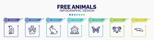 Infographic For Free Animals Concept. Vector Infographic Template With Icons And 7 Option Or Steps. Included Sitting Penguin, Canine Pawprint, Sitting Rabbit, Dog Kennel, Butterfly Wings, Ram,