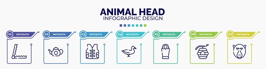 Poster - infographic for animal head concept. vector infographic template with icons and 7 option or steps. included trap, teapot, vest, duck, sarcophagus, beehive, baboon editable vector.