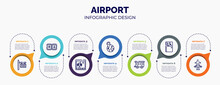 Infographic For Airport Concept. Vector Infographic Template With Icons And 7 Option Or Steps. Included Rent, Toilets, Vacation Images, Position, House Trailer, Prayer Room, Airplanes And Arrows For