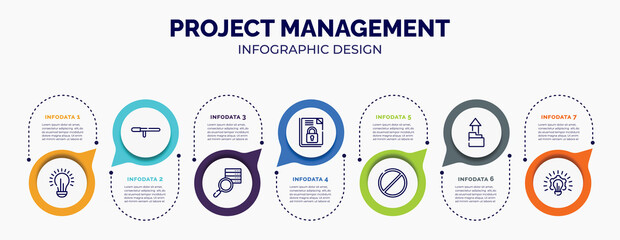 Wall Mural - infographic for project management concept. vector infographic template with icons and 7 option or steps. included lightbulb, baton stick, data searching, encrpyted file, banned, upload folder,