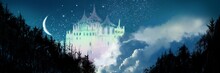 Silhouettes Of Beautiful European Castles Floating In The Deep Forest On A Starry Night	