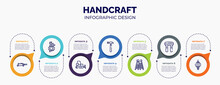 Infographic For Handcraft Concept. Vector Infographic Template With Icons And 7 Option Or Steps. Included Fretsaw, Allen Keys, Dozer, Hammering, Stepladder, Water Filter, Paper Lantern For Abstract