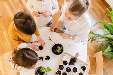 children with their teacher doing science project with plants. stem in education concept.