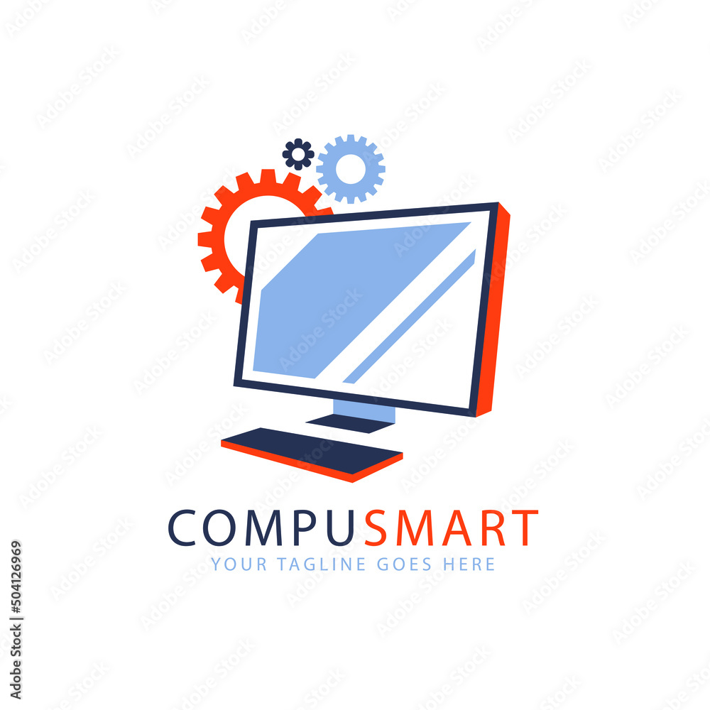 Computer logo design. Pc fix, repair icon. Computer maintenance service. Coding, software. Computer tech shop. Computer help logotype badge, brand logo, name symbol, sign, emblem. Vector illustration.