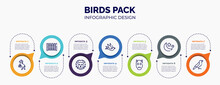 Infographic For Birds Pack Concept. Vector Infographic Template With Icons And 7 Option Or Steps. Included Wild Horse, Garden Fence, Lion Face, Black Bird, Devil, Moon And Stars, Bird Of Black