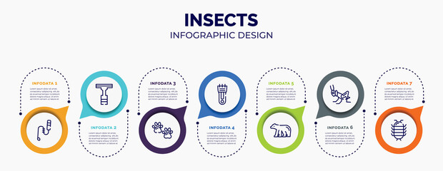 Wall Mural - infographic for insects concept. vector infographic template with icons and 7 option or steps. included teasing stick, null, pawprint, hair clipper, polar bear, grasshopper, cochineal for abstract