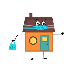 Wall Mural - Cute house character with face in medical mask and keep distance, hands with shopping bag and stop gesture. Building man with care expression, funny cottage. Vector flat illustration