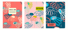 Cover Page Vector Templates Based On Seamless Patterns With Hand Drawn Echinacea Flowers. Backgrounds For Notebooks, Notepads, Diaries. Headers Isolated And Replaceable