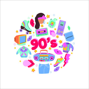 90s fashion icons with lips, sneakers, tape recorder, toys, computer trem, etc. We are the 90s. Vector illustration in 80s-90s trendy style.