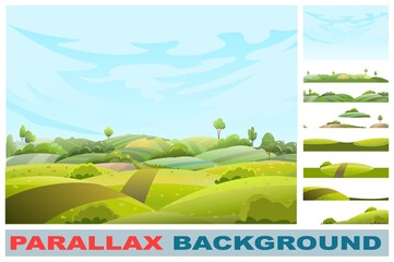 Wall Mural - Rural vegetables and grassy hills. Set parallax effect. Farm cute landscape with road. Funny cartoon design illustration. Summer pretty sky. Flat style. Vector