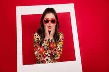 Photo Of Amazed Luxurious Lady Watch Herself Shot Picture Wear Groovy Clothes Isolated Bright Color Background