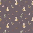Seamless watercolor pattern on the theme of autumn and cute animals with little bunnies, twigs with leaves, forest berries, twigs and decor for your design in high quality