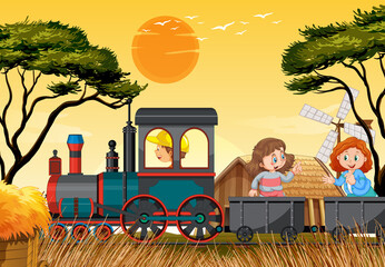 Wall Mural - A kids in a train with natural scene