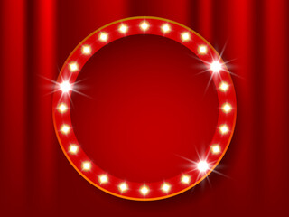 Wall Mural - Theater stage. Red curtains stage, theater or opera background with spotlight. Festival night show banner. Circle retro frame with glowing lamps. Vector illustration with shining lights