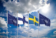 Flags Of NATO - North Atlantic Treaty Organization, Finland, Sweden.  - 3D Illustration.  Isolated On Sky Background.